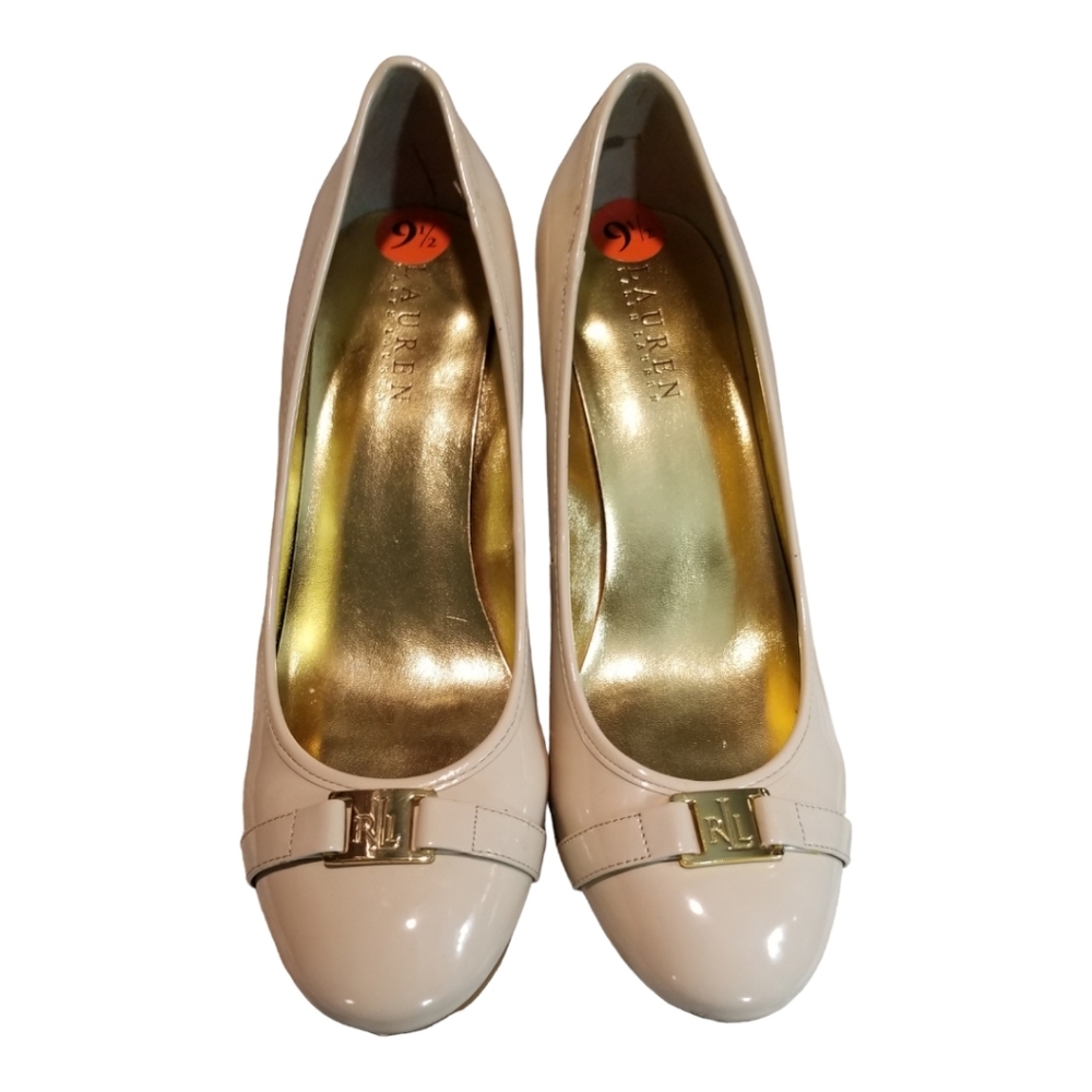 Ralph Lauren Cream Patent Leather Round-Toe Heels with Gold Accent